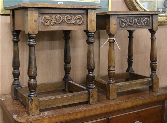 Two oak joynt stools W. 43 and 41.5cm